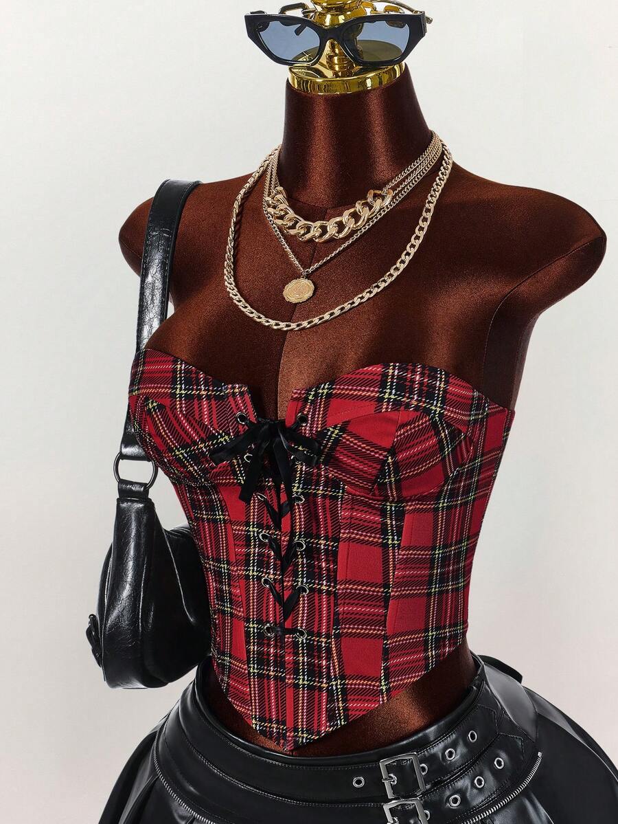 Amplova Áo croptop ống màu đỏ phối chéo phía trước dành cho nữ, thích hợp cho Giáng sinh và Ngày Valentine, năm mới. - Nhiều màu - Xem 1