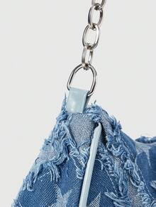 ROMWE Grunge Punk 装饰扣细节、缝线、链条肩带单肩包、女士装饰扣单肩包、街头时尚流浪包、小号/中号斜挎包和钱包套装、适合购物、约会、女士礼物、适合少女、大学生、工作、商务、通勤 - 藍色 - 查看 4