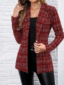 SHEIN Clasi 女式日常格纹修身单扣西装外套 - 酒紅色 - 查看 3