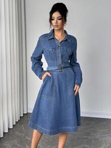 Elenzga Women's Solid Color Casual Long Sleeve Denim Dress - Blue - View 4