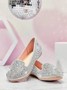 Mini mi Kids' Round Toe Rhinestone Embellished Memory Foam Silver Loafer Flats – Allover Sparkle With Cozy Comfort For Party & Play - Silver - View 6