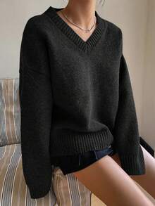 DAZY Women's Casual Solid Color Loose Fit V-Neck Long Sleeve Sweater, Autumn/Winter - Black - View 5