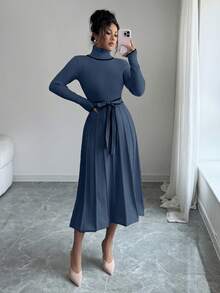 SHEIN Elenzya Váy len peplum viền tương phản, cổ cao ôm sát thanh lịch dành cho nữ, mùa thu/đông - Màu xanh bụi bặm - Xem 7