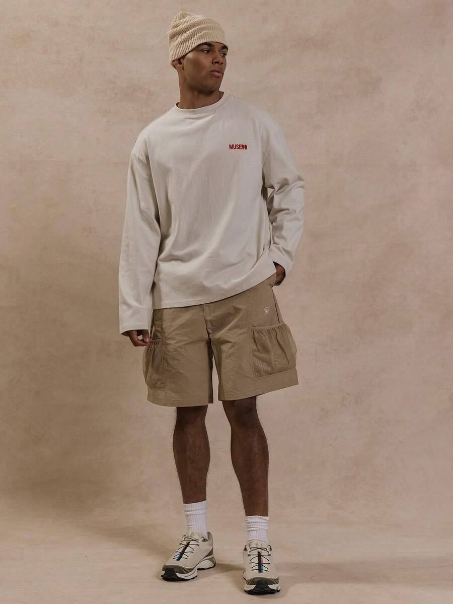 Musero Men Long Line Nylon Tech Cargo Streetstyle Shorts Tonal Fabric Belt Elasticated Waistband Autumn Winter Wardrobe - Khaki - View 1