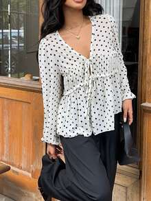 Serisse Women's White With Black Polka Dots Babydoll Top,Elegant Vintage V-Neck Lantern Sleeve Tie Front Blouse,French Style Ruffled Top For Summer Tea Party - Black and White - View 7