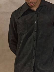 Musero Camicia oversize a maniche lunghe con collo asimmetrico, abbottonatura frontale, tasca frontale, tessuto lavorato, adatta per autunno/primavera-estate - nero - Visualizzare 2