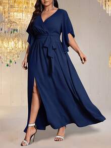 SHEIN CURVE+ 大码女式纯色修身V领喇叭袖系带腰部褶饰开衩优雅派对连衣裙 - 藏蓝色 - 查看 5