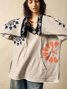 Bohemela 女士休闲宽松复古时尚抽绳喇叭袖上衣 - 杏色 - 查看 4