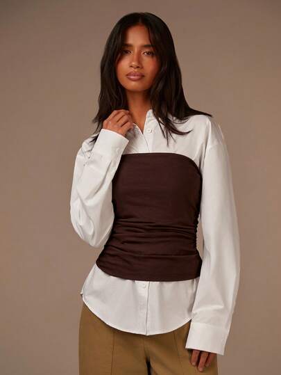 Athîral Women's Two-Piece Set,White Long-Sleeved Shirt And Brown Pleated Strapless Top. Casual Wear, Business Casual Tops Woman, Chocolate Brown Top,Autumn And Winter Outfits, Fitted Blouses For Women, Brown Shirts For Women, Office Blouse
