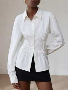 Aveloria Modichic French Fashion Casual Pleated Long Sleeve Shirt - White - View 5