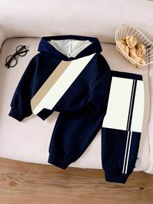 SHEIN Set de 2 sudaderas con capucha de bloques de color y estampado deportivo a rayas para bebé niño/unisex de 0 a 3 años, adecuado para otoño/invierno, de uso diario, versátil, para exteriores y actividades deportivas