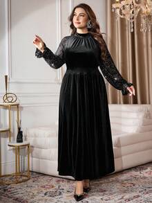 Modelyn Elegant Velvet Contrast Lace Beaded Long Sleeve A-Line Plus Size Dress, Regular Fit For Spring & Autumn