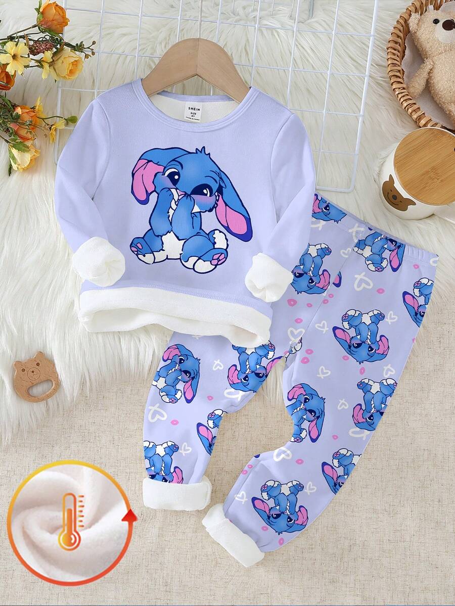 SHEIN Playful Pals 2pcs Baby Girls' Cute Blue Rabbit Purple Top & All-Over Rabbit Print Leggings Knitted Elastic Thermal Lining Purple Long Sleeve Pants Pajama Set Pajama Baby Set Baby Girl Warm Sets Cartoon Baby Clothes  Snug Fit Tight Fit Pajamas - Mauve Purple - View 1