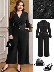 Ellevyn Plus Size Women's Elegant Black Long Sleeve Long Jumpsuit With Pockets And Lace Trim, Suitable For Autumn And Winter - Black - View 3