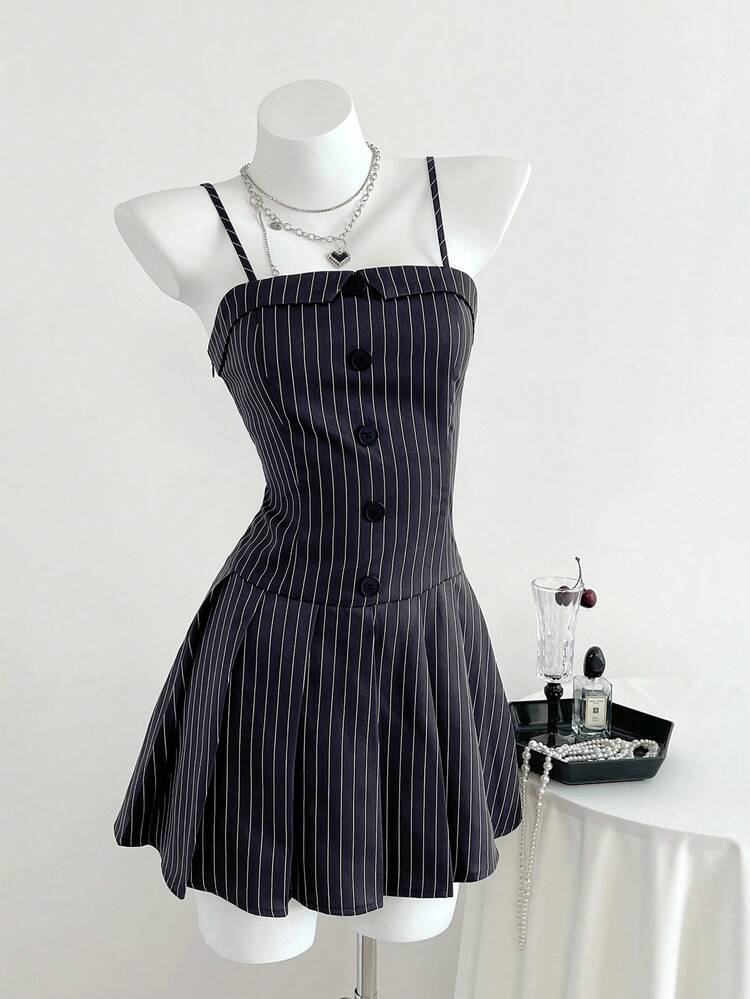 Elamini 女士条纹套装两件套：黑色翻领西装外套和褶裥连衣裙，适合秋冬季通勤和上学穿着。 - 藏蓝色 - 查看 4