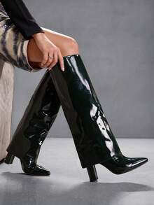CUCCOO SZL 女式户外尖头粗高跟鞋黑色 PU 光面材质时尚简约日常和派对侧拉链靴 - 黑色 - 查看 8
