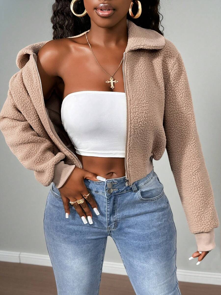 BamGleam Hanorac din fleece pentru femei, culoare uni, cu mânecă lungă și guler cu fermoar, toamnă/iarnă - Kaki - Vizualizare 1