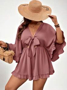 SHEIN VCAY Bộ đồ liền thân tay cánh dơi màu trơn cỡ lớn, viền bèo nhún, thắt eo - Bụi tím - Xem 6