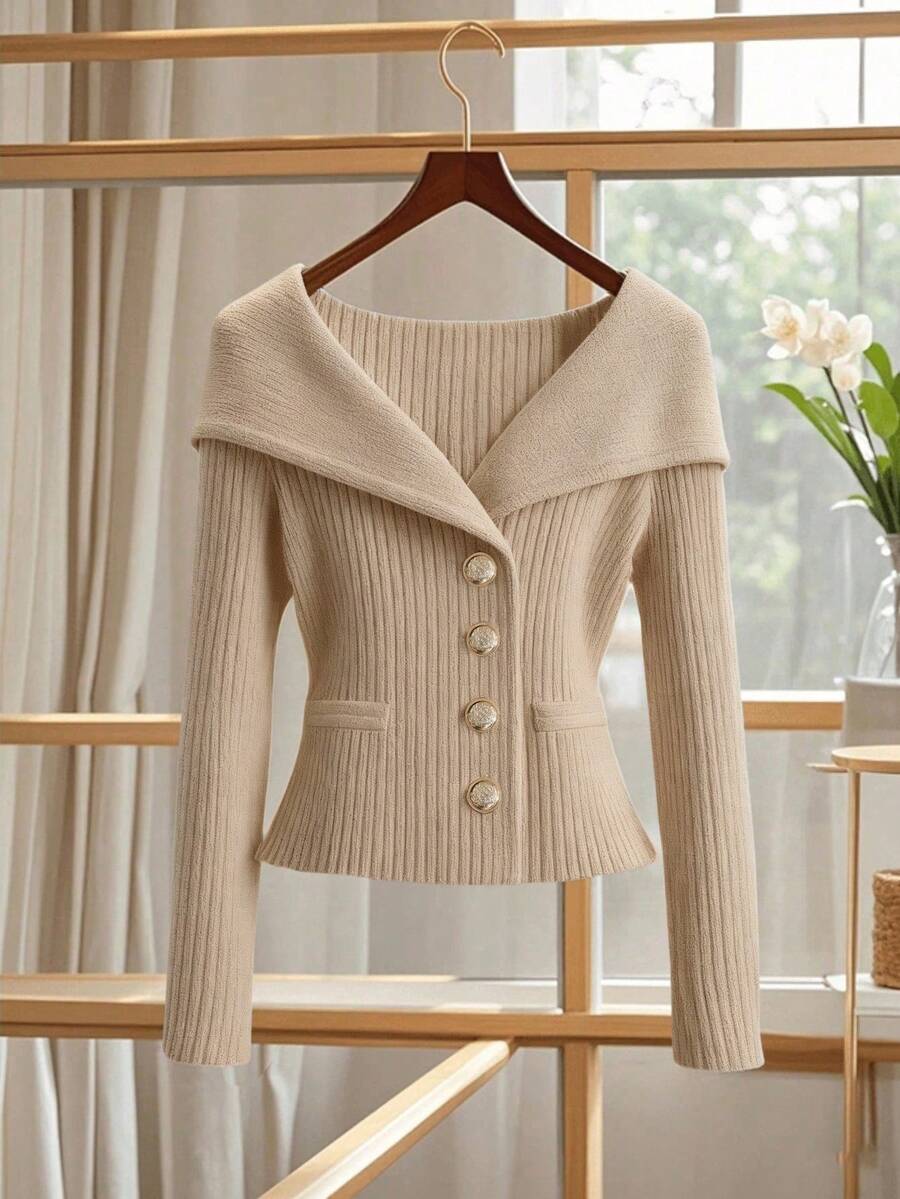 GlowEve 新款女士V领开衫，欧美风撞色优雅简约时尚针织上衣 - 卡其色 - 查看 1