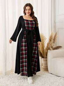 Lacomfia Plus Size Women Casual Knit Patchwork Plaid Waist Belt Dress