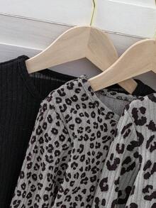 SHEIN 5pcs Young Girls Cute Ribbed Cat Embroidery + Leopard Print Round Neck Long Sleeve T-Shirts
