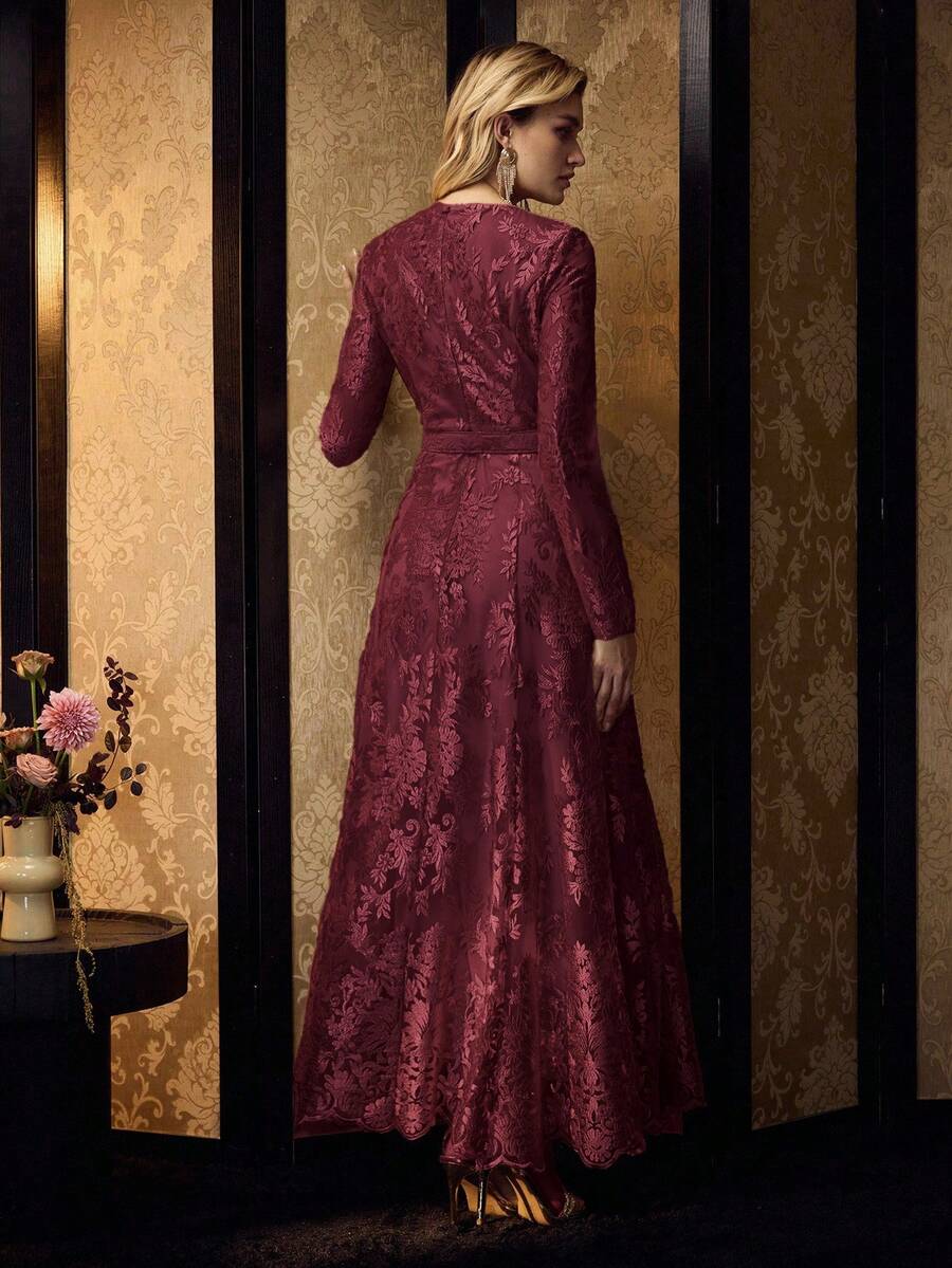 MOTF PREMIUM ELEGANT EMBROIDERED MESH LONG DRESS - Rose Red - View 2