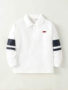 SHEIN Casuvi Kids Tween Boy Casual Minimalist Embroidered Collar Long-Sleeve Polo Shirt With Sleeve Print - Autumn New Arrival Top, Suitable For Spring & Autumn, Ideal For School, Gatherings, Outings, Sports And Other Occasions - White - View 1