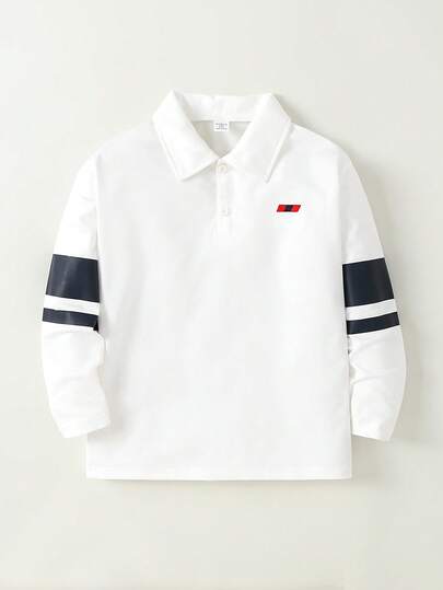 SHEIN Casuvi Kids Tween Boy Casual Minimalist Embroidered Collar Long-Sleeve Polo Shirt With Sleeve Print - Autumn New Arrival Top, Suitable For Spring & Autumn, Ideal For School, Gatherings, Outings, Sports And Other Occasions