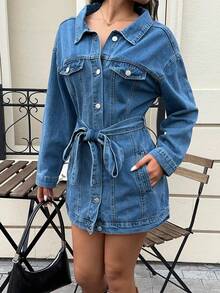 MainGRL 女士通勤时尚系带牛仔夹克 - 中等水洗藍 - 查看 2