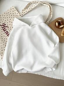 SHEIN Leap Crew 少女休闲简约五角星图案白色卫衣，街头朋克风，加厚长袖卫衣，适合秋冬季穿着 - 白色 - 查看 2