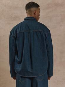 Musero 超大款长袖纽扣衬衫，秋冬必备牛仔衬衫 - 深色水洗藍 - 查看 5