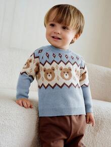 Cozy Pixies 男婴熊几何图案圆领长袖套头毛衣，厚实柔软舒适休闲百搭 - 霧霾藍 - 查看 10