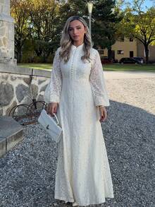 Jeta Ari Elegant,Spring,All White Woman Outfits Women's Long Sleeve Lace Burgundy Dress Maxi Women Outfit - Beige - View 1