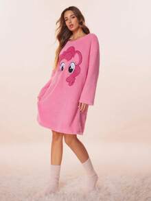My Little Pony X SHEIN 女士可爱小马刺绣长袖抓绒睡衣连衣裙，秋冬可爱睡衣，粉色可爱睡袍，蓬松舒适