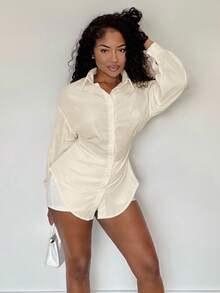 Alexandranx Women's Solid Color Single-Breasted Waist Cinching Elegant Resort Shirt, Long Sleeve Fall Cloth For Women - Beige - View 6
