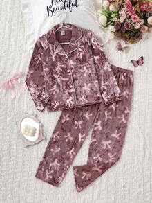 Set Musim Dingin 2pcs/Set Cardigan Lengan Panjang dan Celana Motif Bunga Pita Beludru Lucu, Pakaian Santai Nyaman untuk Anak Perempuan - MultiWarna - View 5
