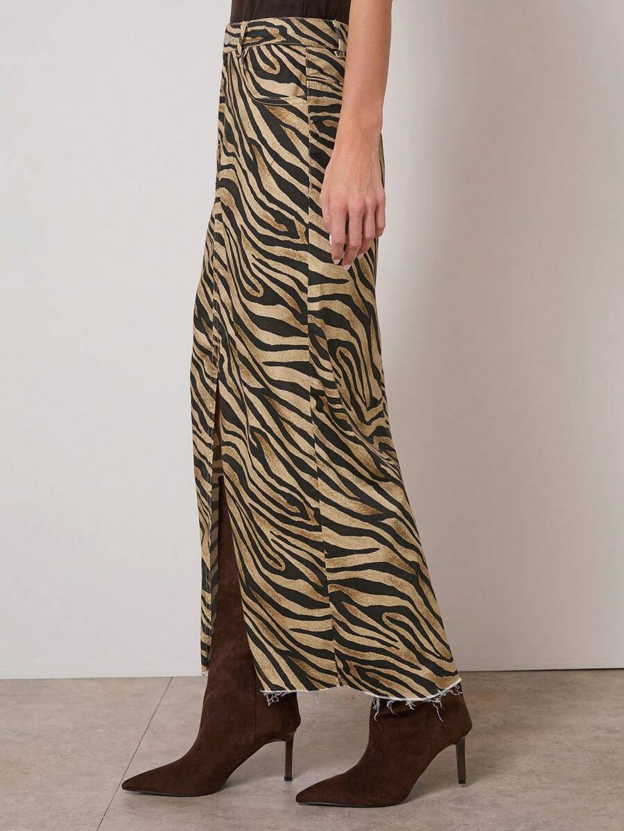 COSMINA 女士高腰斑马纹开衩长款牛仔裙 - 彩色 - 查看 1