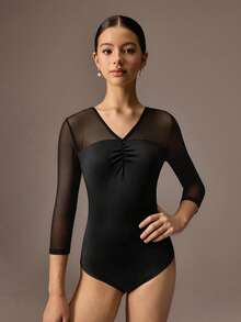 SHEIN 少女经典黑色芭蕾舞紧身衣，交叉露背设计，网纱袖，适合芭蕾舞、校园健身、训练、比赛、休闲穿着，时尚弹力网纱，长袖设计，高弹舒适