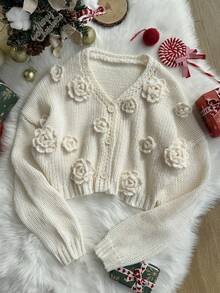 Comfortcana 大码休闲圣诞手工花卉V领落肩长袖纽扣针织开衫 - 米色 - 查看 6