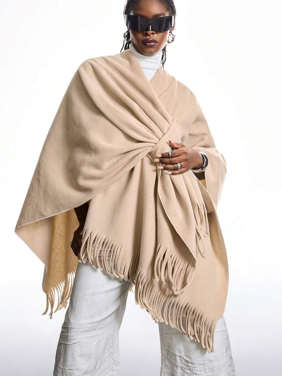 LYSMO Áo khoác Poncho quấn tua rua dáng rộng cho nữ cỡ lớn mùa thu/đông - Lạc đà - Xem 1
