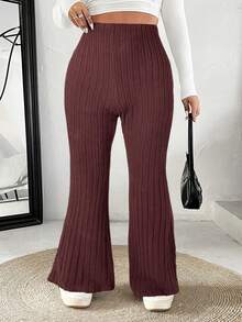 SHEIN EZwear 大码女式纯色松紧腰罗纹喇叭裤 - 卡其色 - 查看 5