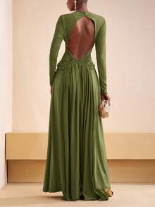 Zivah 2025 初秋夏季新款日常约会通勤商务女士优雅沙滩游轮派对简约流行生日派对高端交叉露背长袖针织拼接缎面亮面面料女士修身长裙-A - 軍綠色 - 查看 2