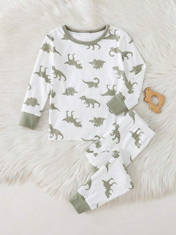 THE HAPPY LOOK 2pcs Cartoon Dinosaur Print Knit Soft Crew Neck Long Sleeve Top And Elastic Waist Long Pants Snug Fit Pajama Set For Young Boys
