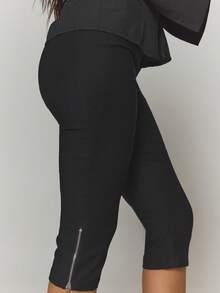 MUSERA 修身拉链裤脚细节七分裤（仅裤子）街头风酷炫夜店日常性感玛瑙色 - 黑色 - 查看 5