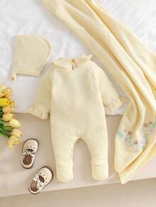 SHEIN 3pcs Newborn Baby Girl Outfit Set: Pink Embroidered Romper With Peter Pan Collar, Footie, Hat + Knit Blanket Baby Set Autumn Winter Season Vintage Winter Baby Clothes Baby Girl Clothes Spring Fall Baby Clothes Neutral Warm Baby Girl Clothes Baby Knitted Outfit Baby Set Autumn Winter Season Vintage Winter Baby Clothes Newborn Sweater Romper Neutral Baby Clothes Unisex Baby Set Autumn Winter Season Baby Girl Knitted Outfits Newborn Sweater Romper Winter Baby Girl Clothes Warm Baby Girl Clothes - Apricot - View 6