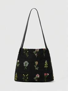 ROMWE Fairycore Túi Tote Thêu & In Mới Mùa Xuân/Hè 2024 Cho Nữ, Túi Đeo Vai & Đeo Chéo Bằng Vải Canvas Dung Tích Lớn Thời Trang - màu đen - Xem 1