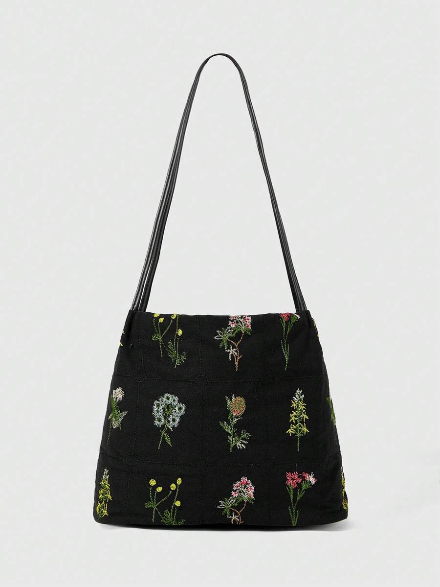 ROMWE Fairycore Túi Tote Thêu & In Mới Mùa Xuân/Hè 2024 Cho Nữ, Túi Đeo Vai & Đeo Chéo Bằng Vải Canvas Dung Tích Lớn Thời Trang - màu đen - Xem 1