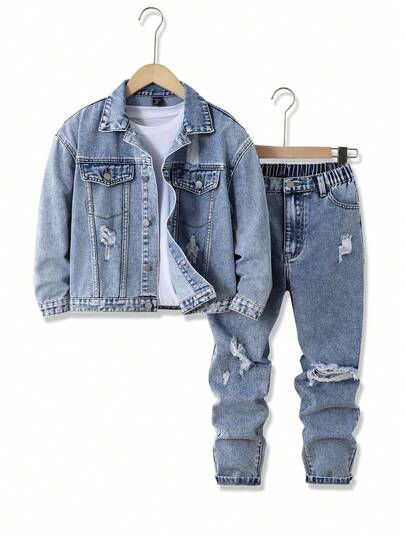 SHEIN Conjunto de 2 piezas de chaqueta de mezclilla desgastada y jeans skinny de moda para niño, estilo callejero vintage para uso casual diario