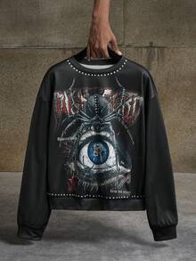 AXEPEAK Men's Casual Spider Eye Print Sweatshirt, Autumn/Winter, Long Sleeve Top - Black - View 1