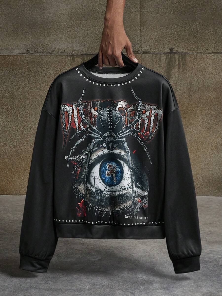 AXEPEAK Men's Casual Spider Eye Print Sweatshirt, Autumn/Winter, Long Sleeve Top - Black - View 1